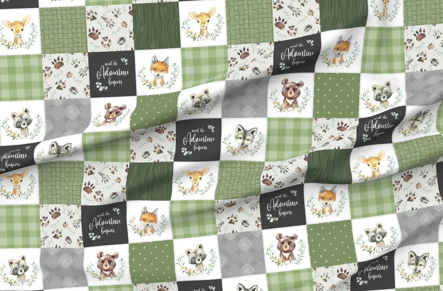 Woodland Animal Tracks Patchwork Quilt Top - Sage Green product