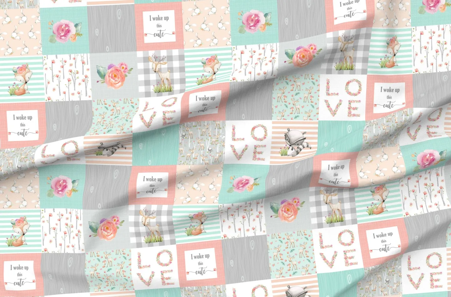 Woodland Animals Baby Quilt Top Patchwork - Blue, Pink, Gray product