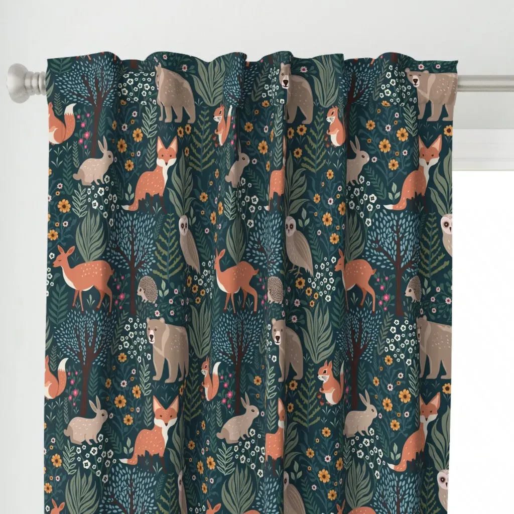 Woodland Animals Forest Curtain Panel - Teal alternate view