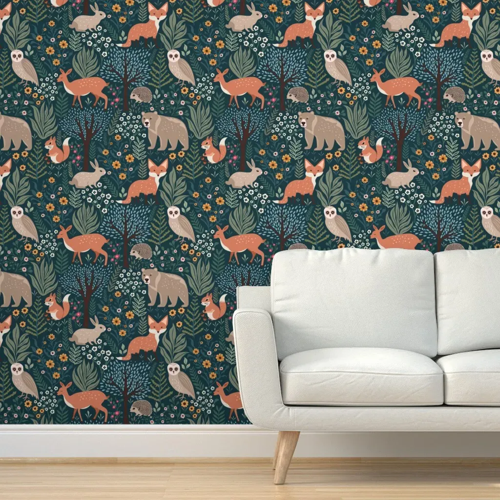 Woodland Animals Forest Flora Peel and Stick Wallpaper - Teal product