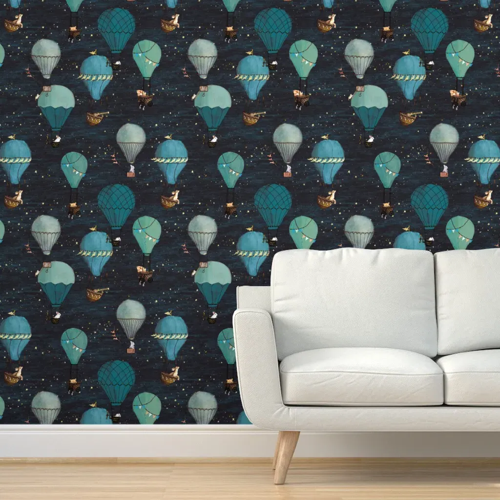 Woodland Animals Hot Air Balloon Peel and Stick Wallpaper - Midnight Blue product