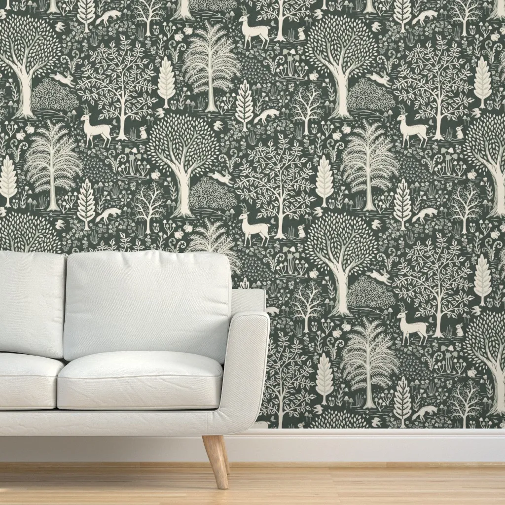Woodland Animals Peel and Stick Wallpaper - Cream on Dark Green product