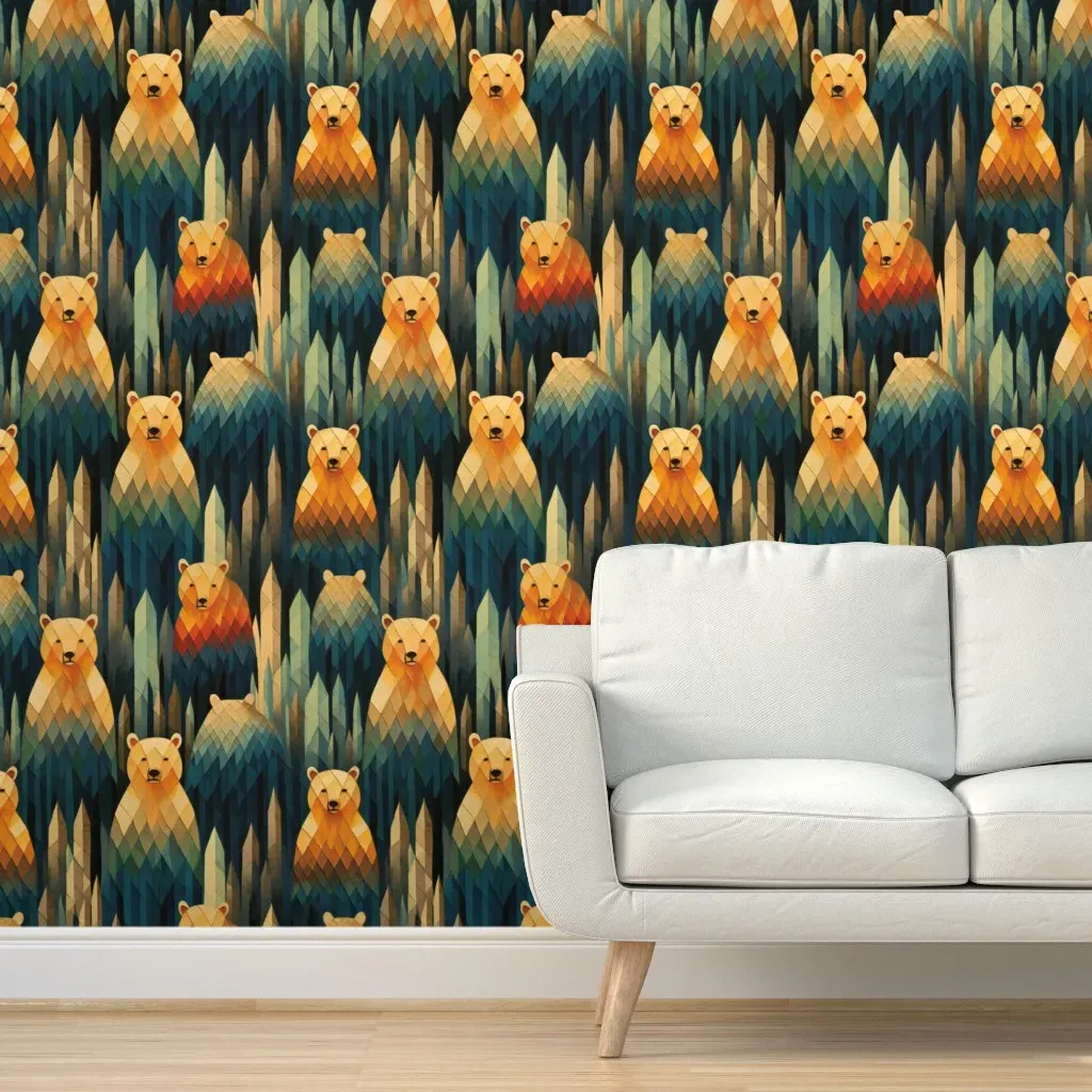 Woodland Bear Forest Trees Peel and Stick Wallpaper - Gold, Orange product