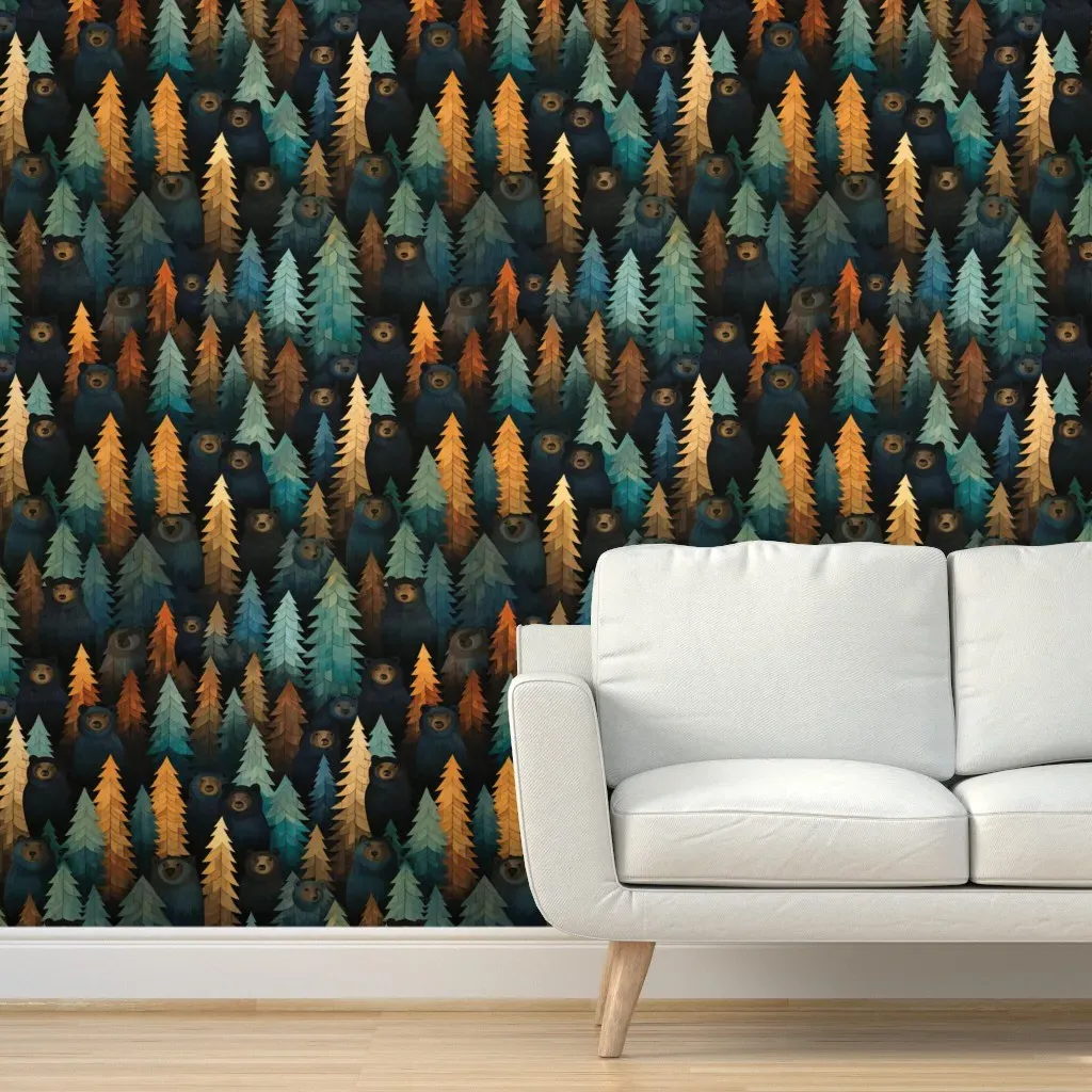 Woodland Bears In Forest Trees Peel and Stick Wallpaper - Dark Teal product