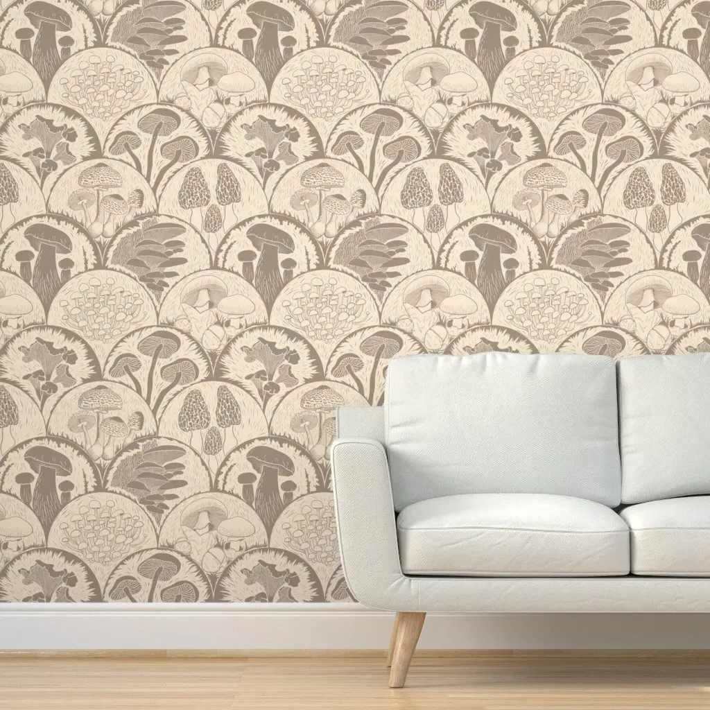 Woodland Botanical Mushroom Scallop Block Print Wallpaper - Beige product