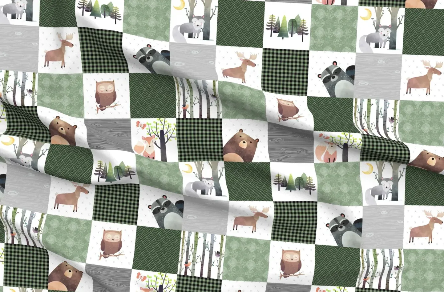 Woodland Critters Patchwork Quilt Fabric - Green, Pique product