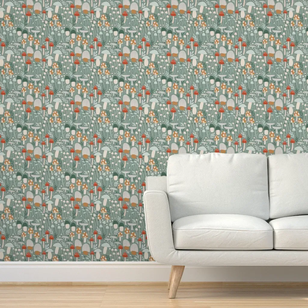 Woodland Mushroom Meadow Peel and Stick Wallpaper - Sage Green product