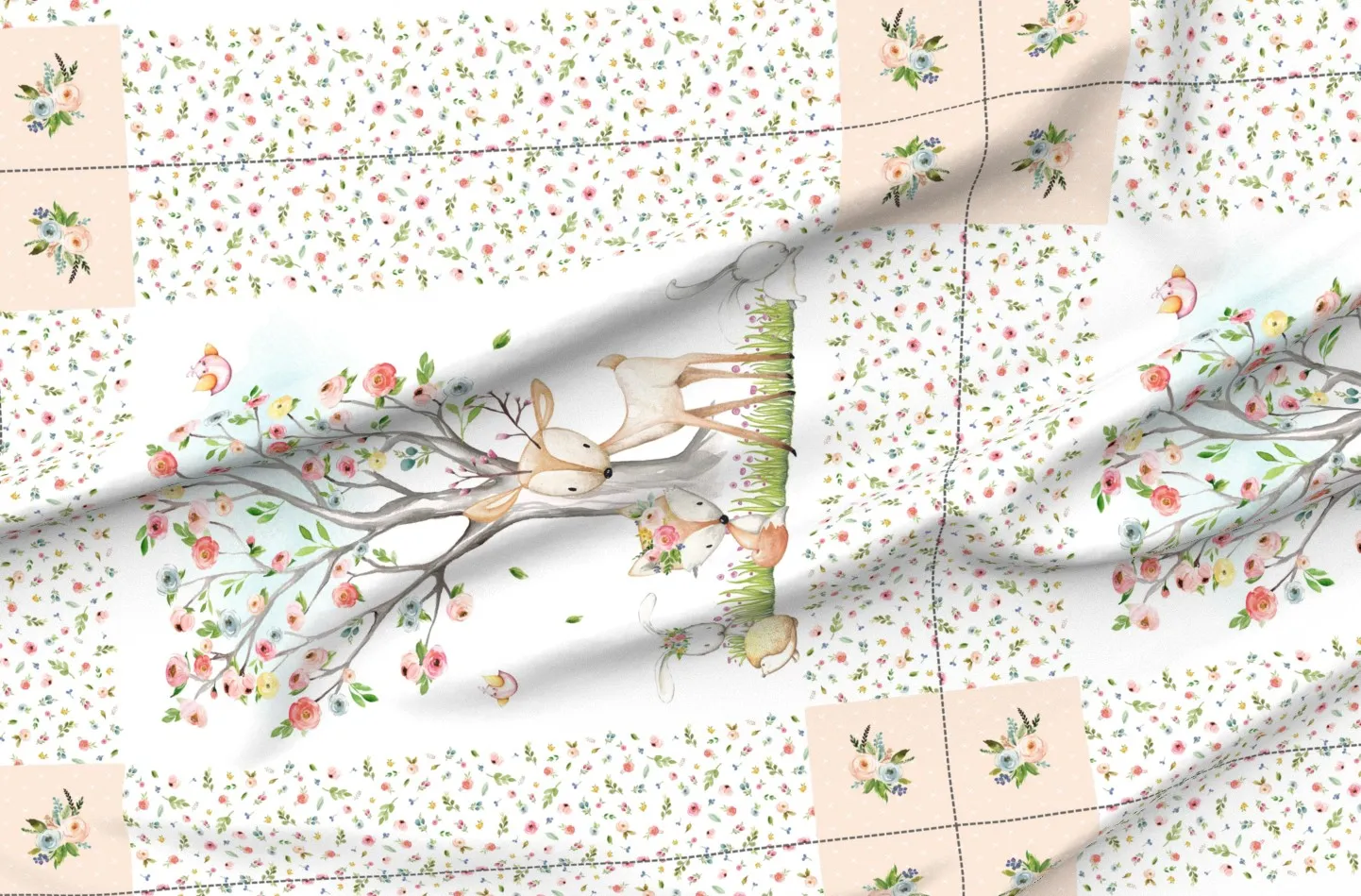 Woodland Nursery Deer Fox Blanket Panel - White, Pique Fabric product