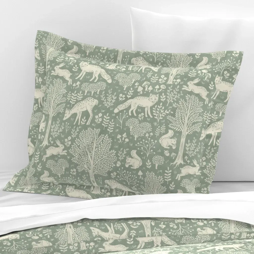 Woodland Story Standard Flanged Pillowcase - Sage Green, Cotton Sateen product