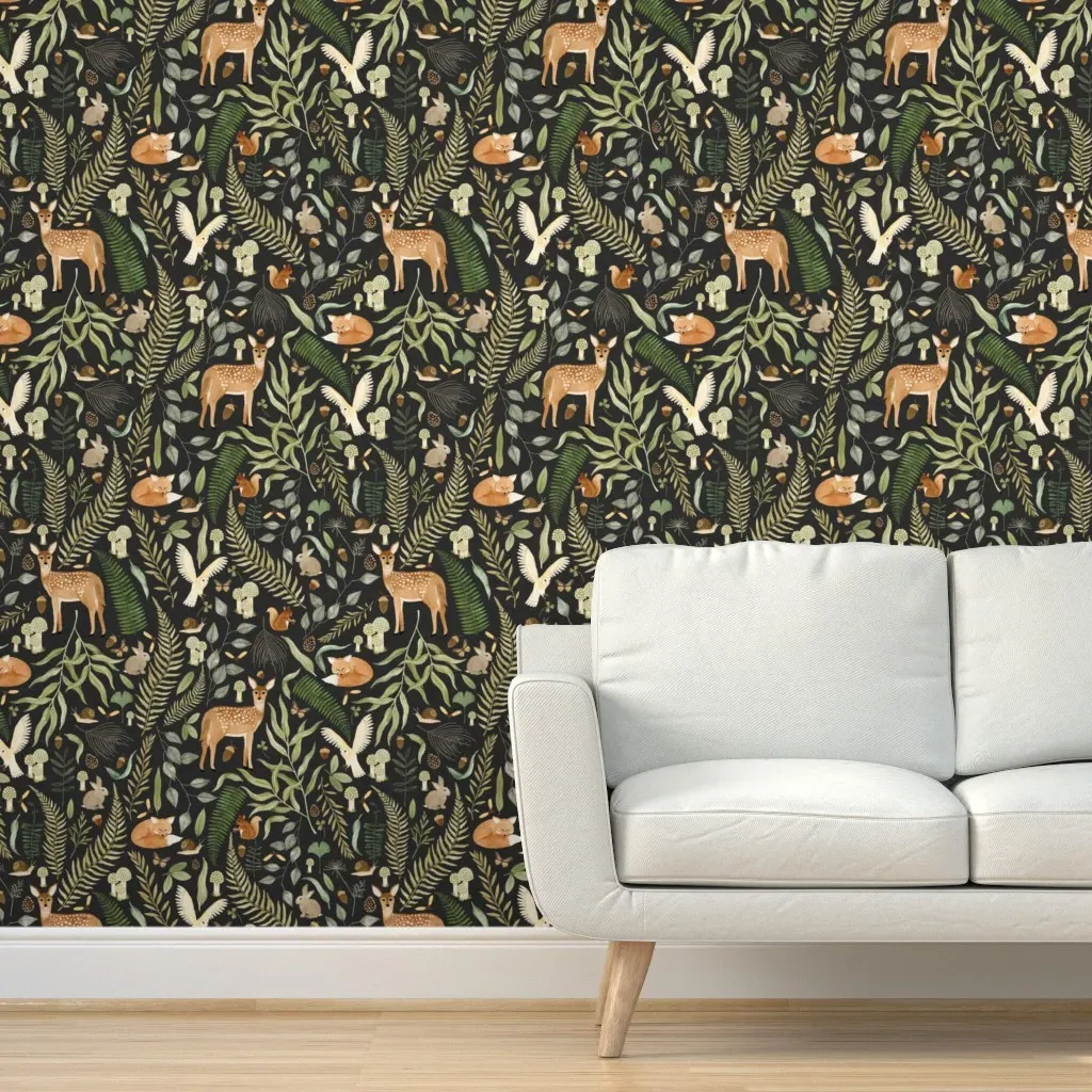 Woodland Whimsical Peel and Stick Wallpaper Small Scale - Dark Green product