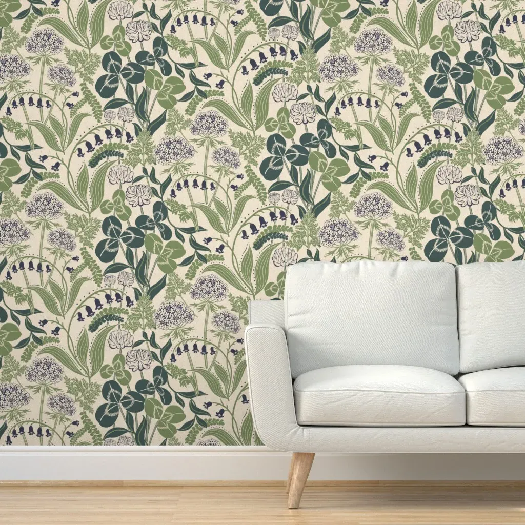 Woodland Wildflowers Peel and Stick Wallpaper - Moss Green, Creamy Beige product