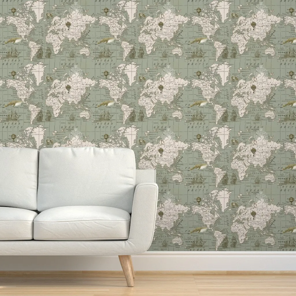 World Map Travel Theme Peel and Stick Wallpaper - Khaki, Cream product