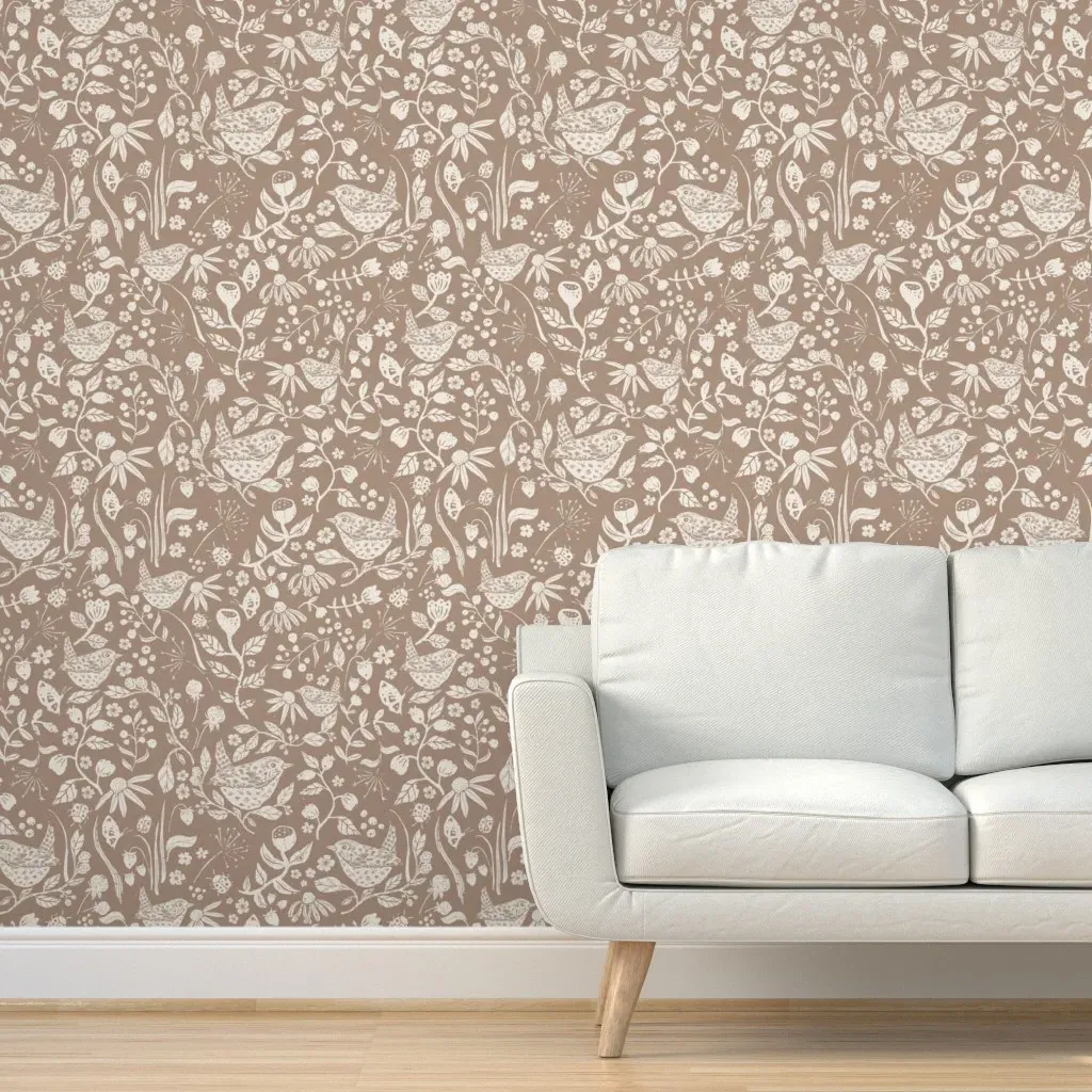 Wren In Hedgerow Large Scale Block Print Peel and Stick Wallpaper - Off-White product