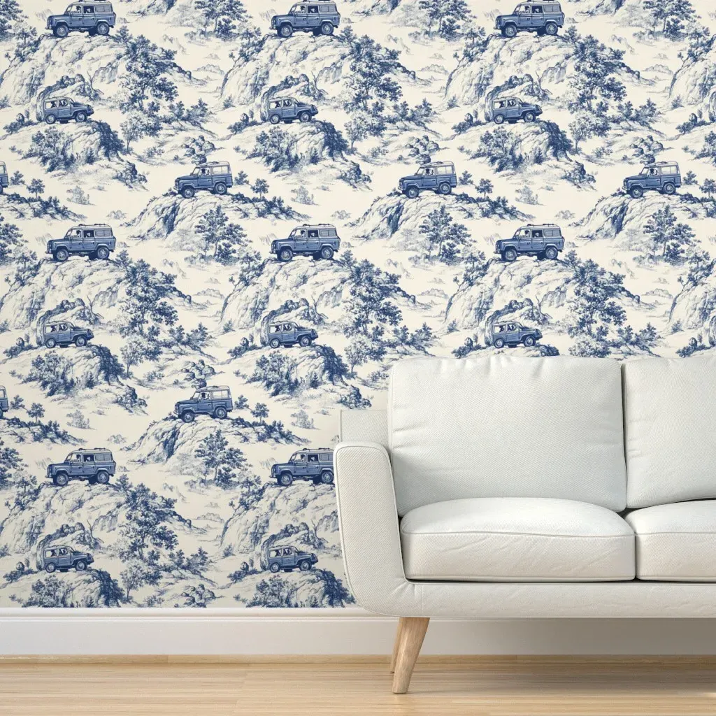 X-Large Vintage SUV Offroad Toile Peel and Stick Wallpaper - Blue product