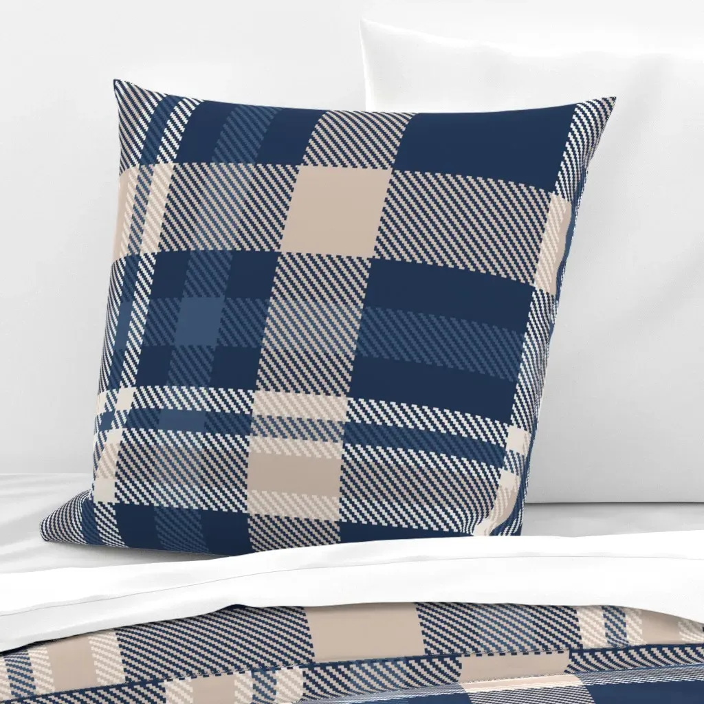 XL Navy and Beige Tartan Plaid Euro Pillow Sham - Blue product