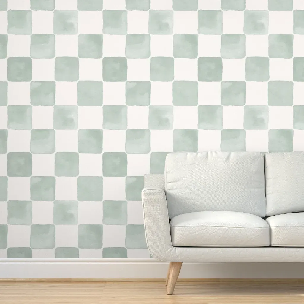 XL Scale Hand Painted Watercolor Check Peel and Stick Wallpaper - Sage Green product