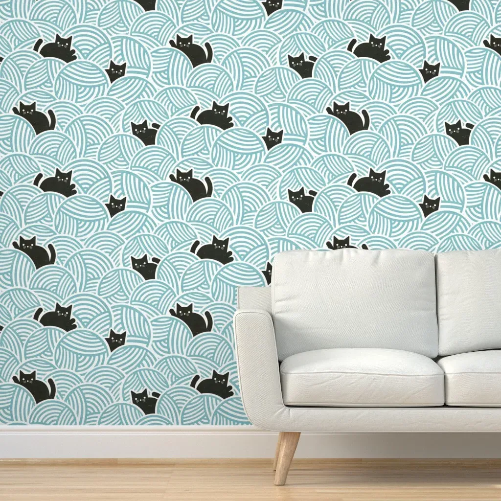 Yarn Cats Peel and Stick Wallpaper - Dusty Blue product