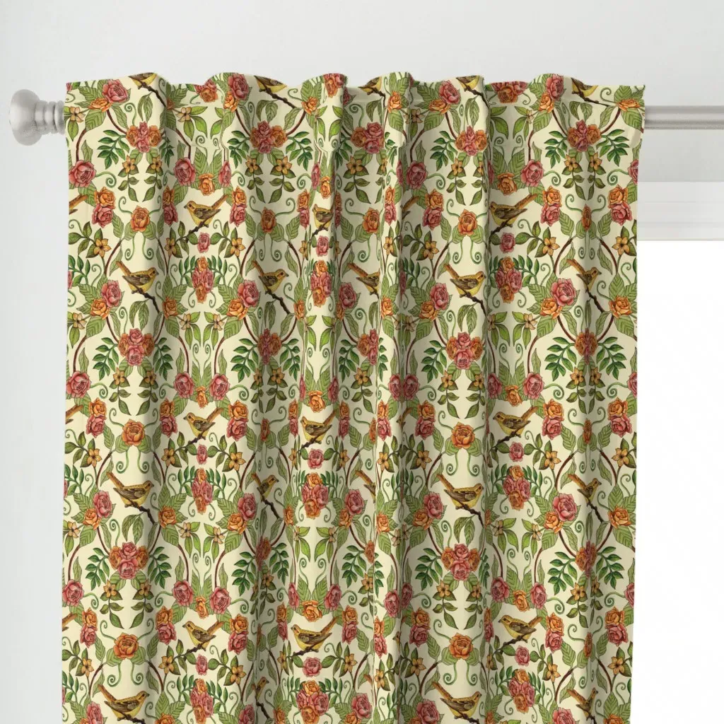 Yellow Bird Pattern Curtain Panel - Orange alternate view