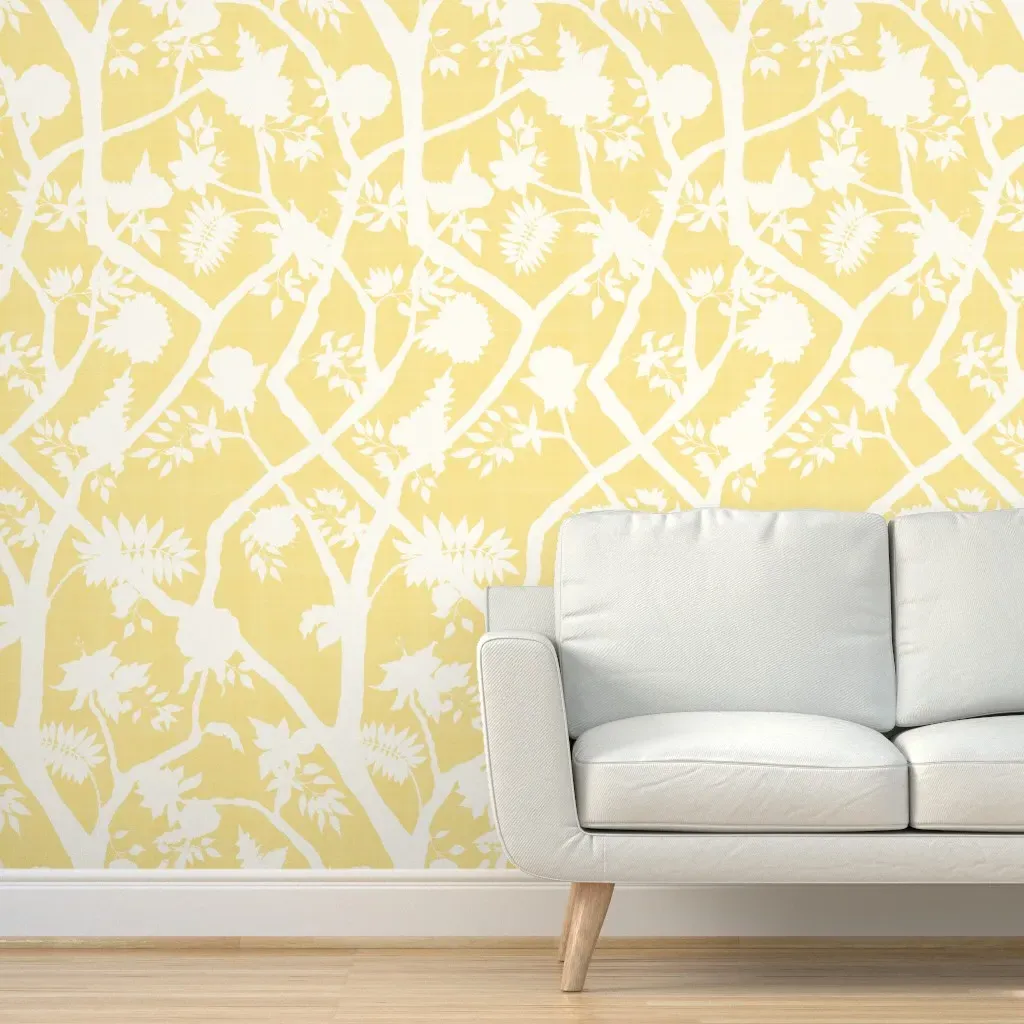 Yellow Peony Branch Silhouette Peel and Stick Wallpaper - White, Yellow product