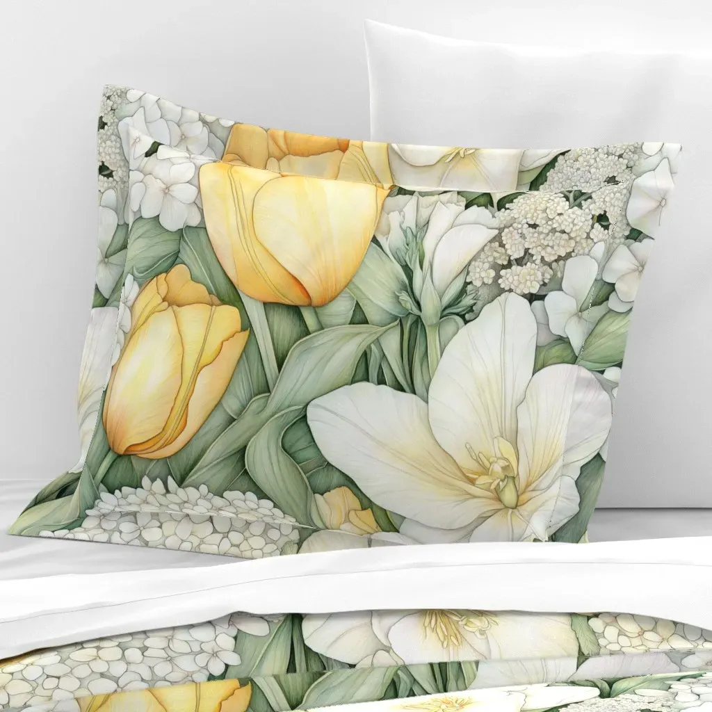 Yellow Tulips Standard Flanged Cushion Cover - Yellow, Cotton product