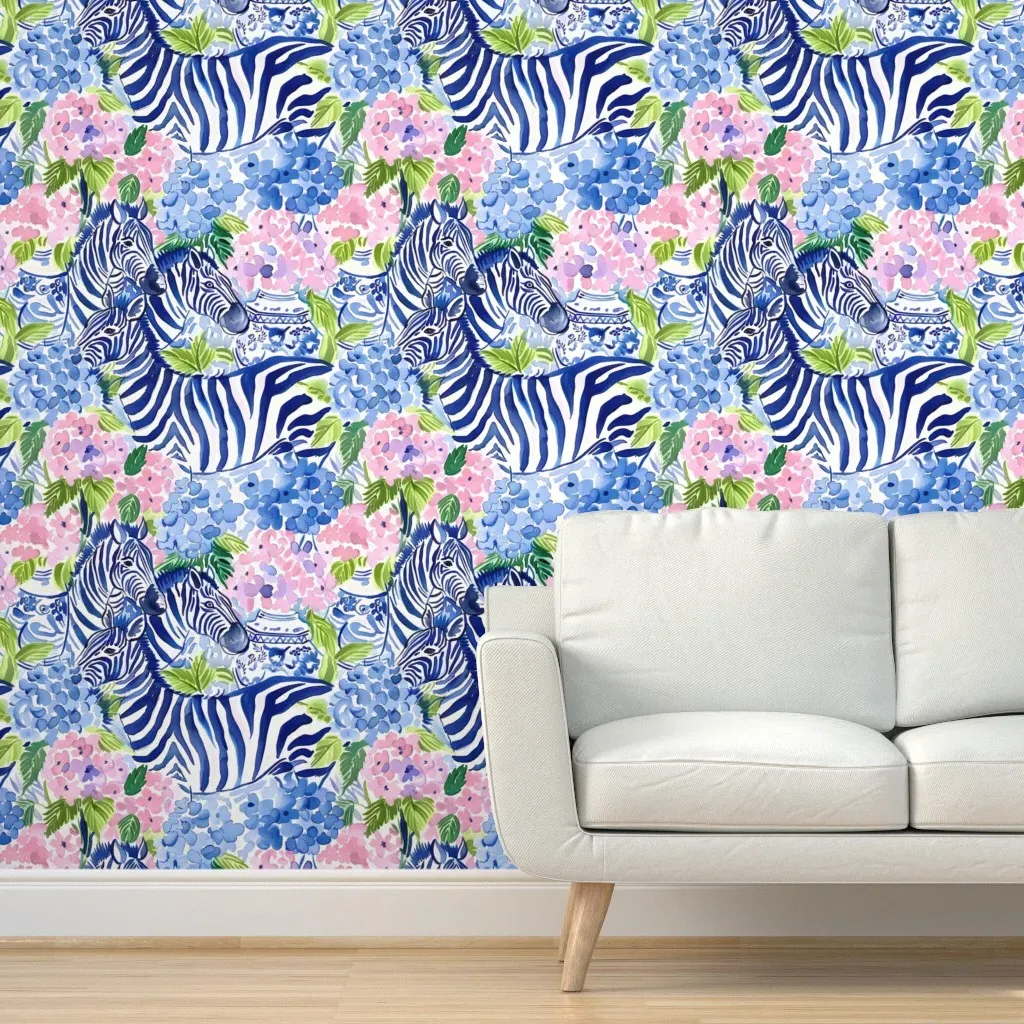Zebras and Hydrangea Flowers Peel and Stick Wallpaper - Blue product