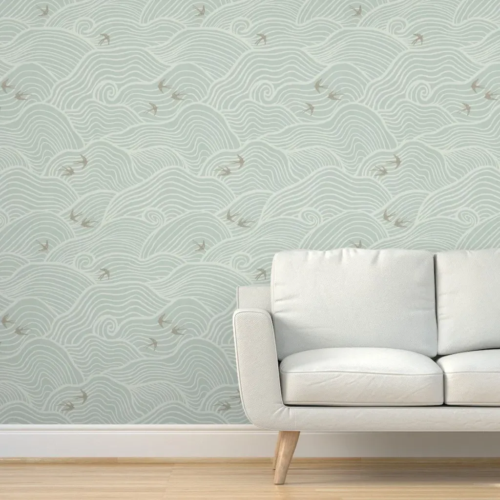 Zen Birds Flying Above Clouds Peel and Stick Wallpaper - Soft Sage Green product