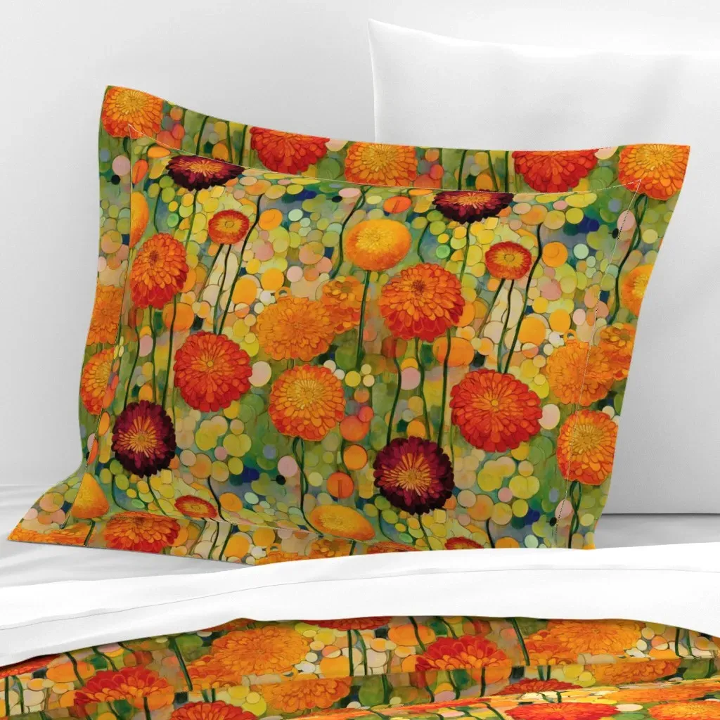 Zinnia Garden A La Gustav Klimt Standard Flanged Cushion Cover - Orange, Cotton Sateen product