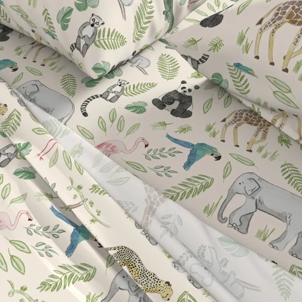 Zoo Animal Greenery Twin Sheet Set - Cream, Beige alternate view