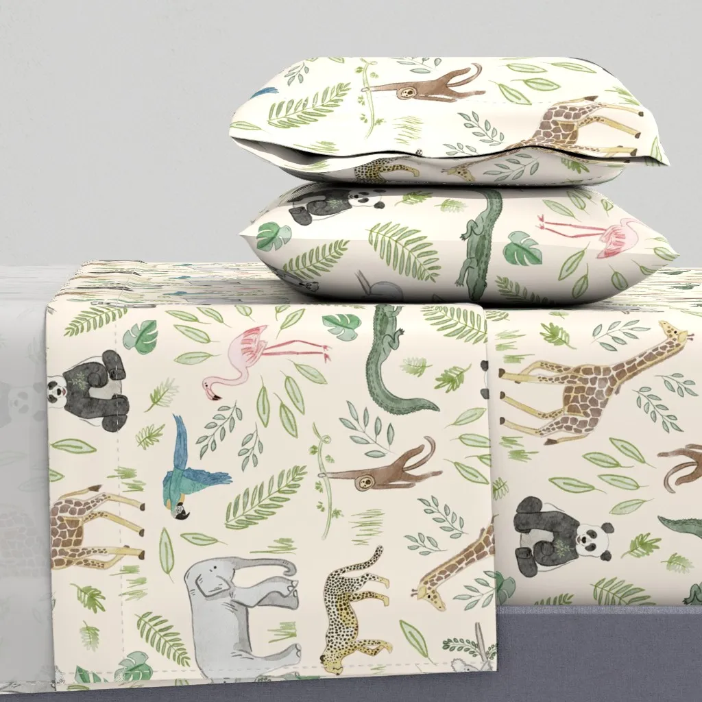 Zoo Animal Greenery Twin Sheet Set - Cream, Beige product