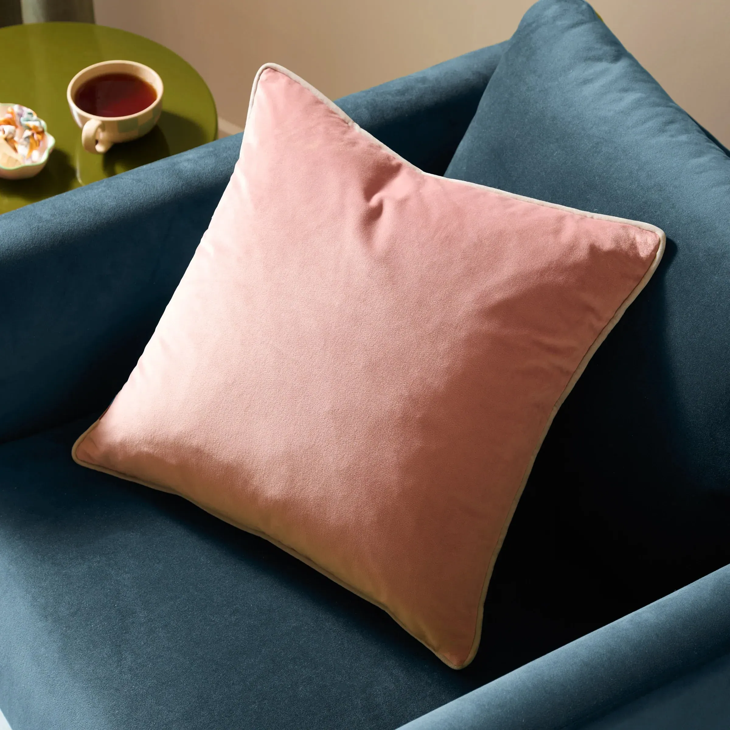 Meridian Square Cushion with Piped Trim - Blush Pink & Grey, Velvet product