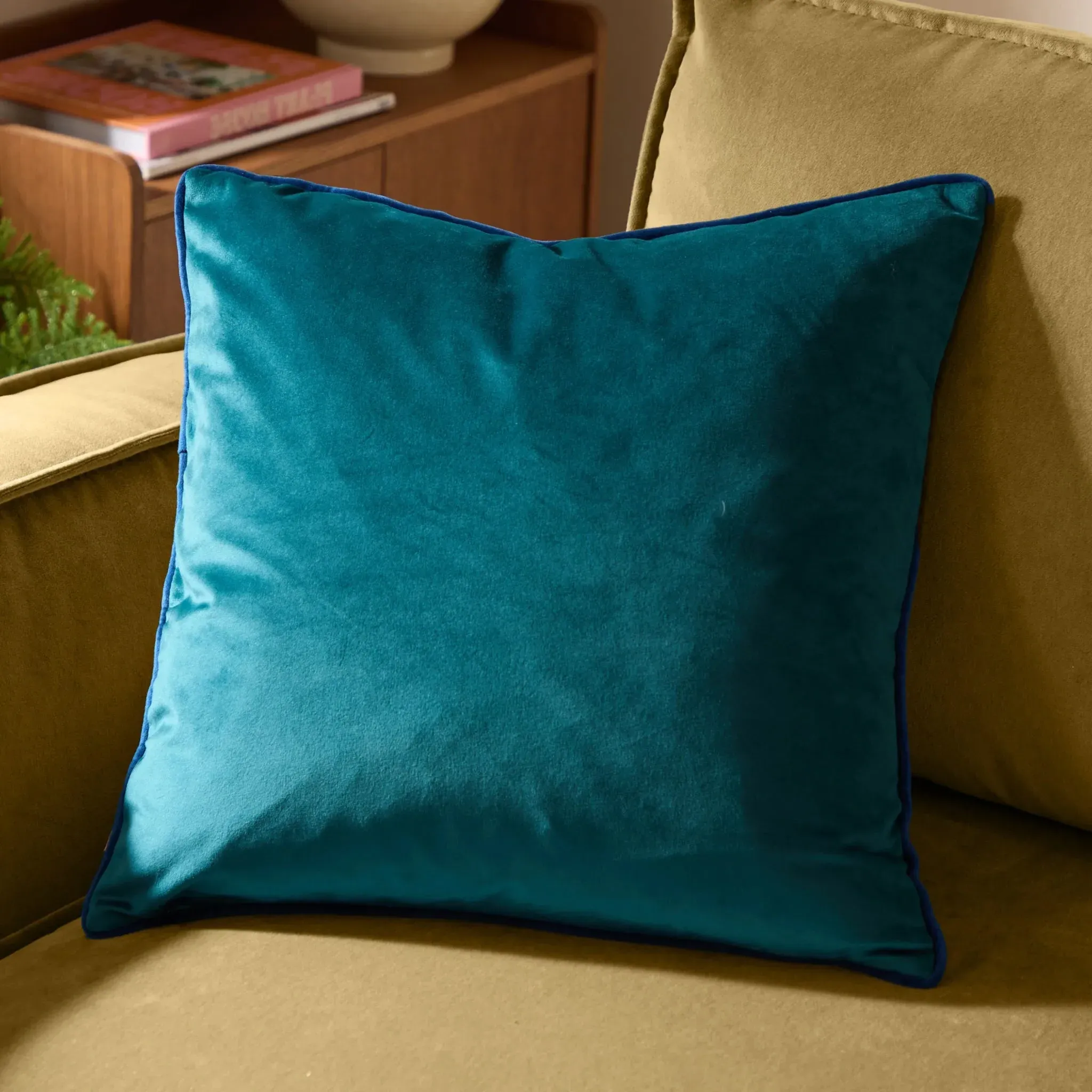 Meridian Square Cushion with Piped Trim - Teal & Navy, Velvet product