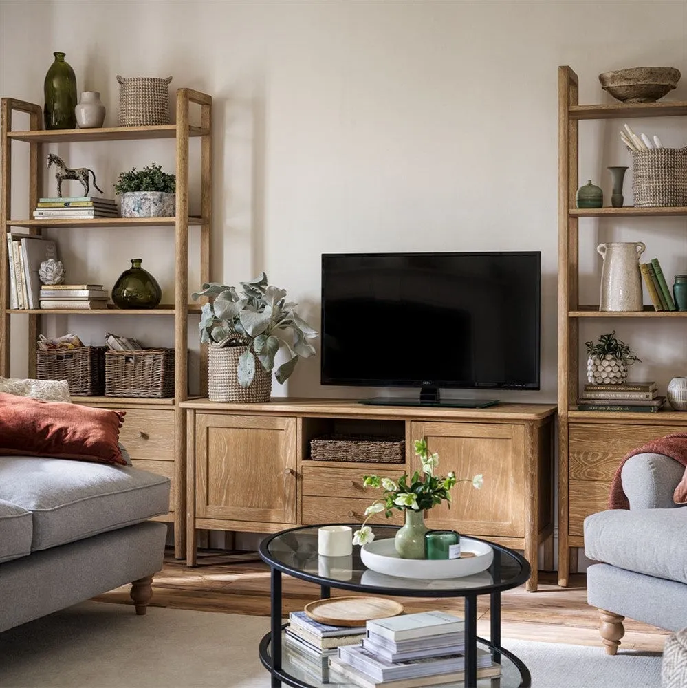 Large Open Bookcase with Drawers - Oak