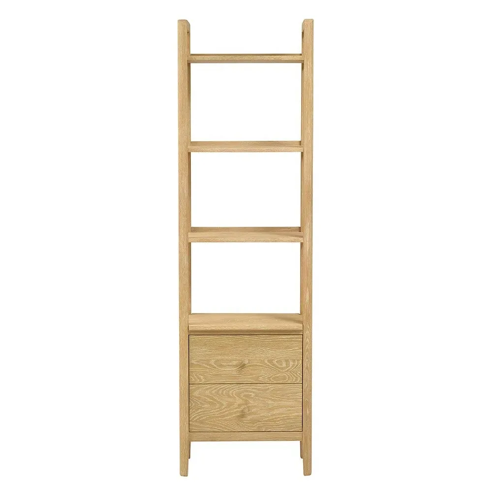 Slim Open Bookcase with Drawers - Oak