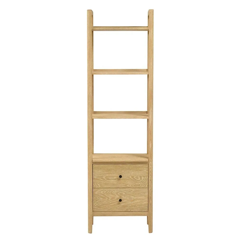 Slim Open Bookcase with Drawers - Oak