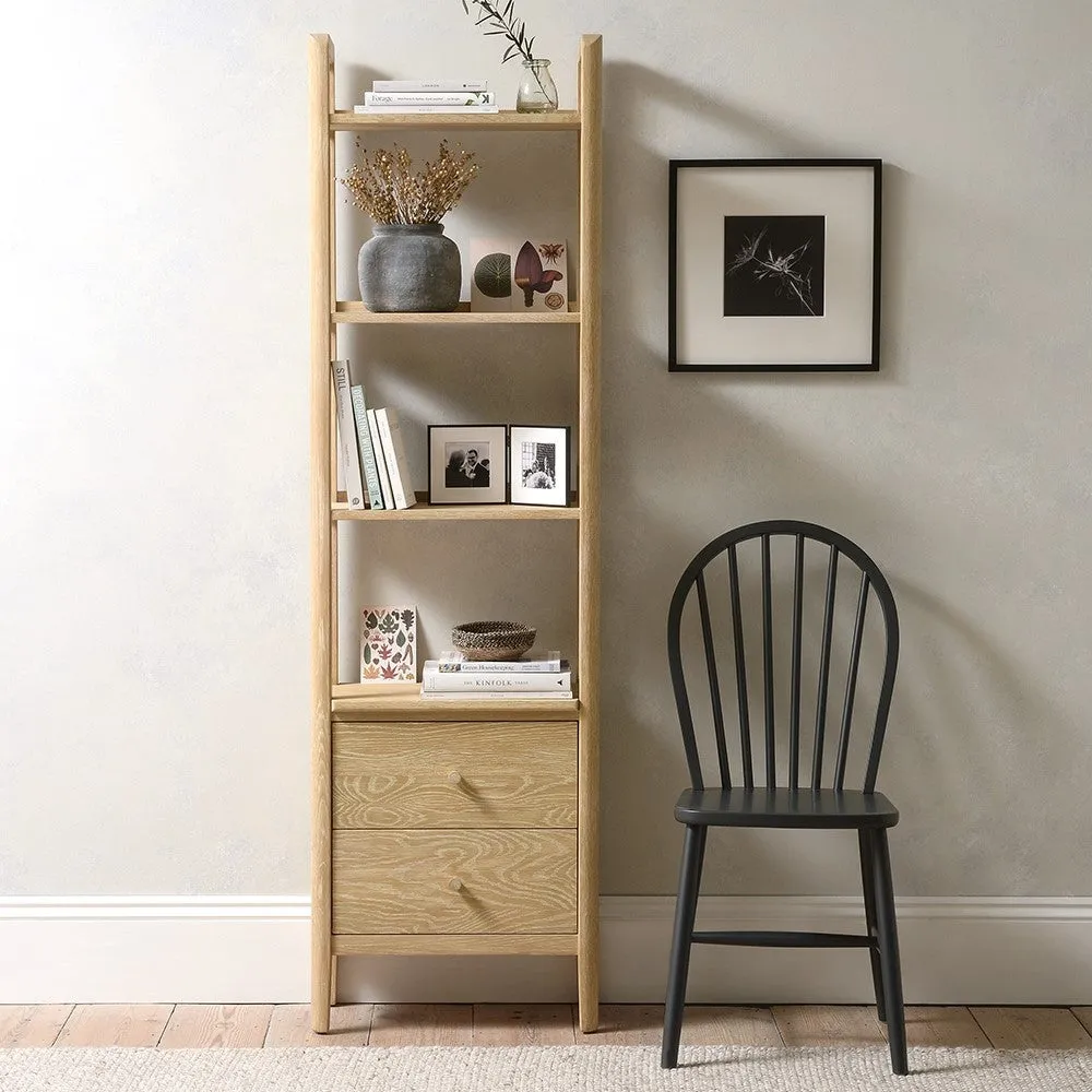 Slim Open Bookcase with Drawers - Oak