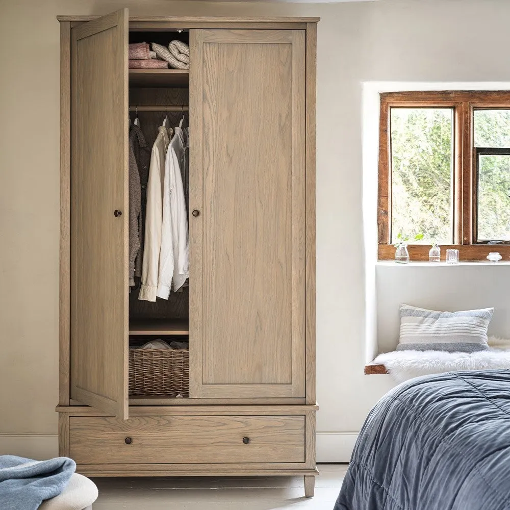 Double Wardrobe with Drawer - Brown, Oak