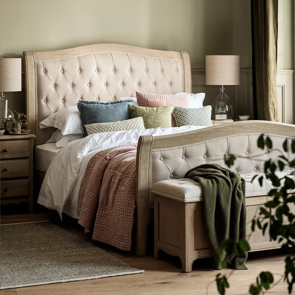Camille Buttoned King Size Bed Frame - Limewash, Oak