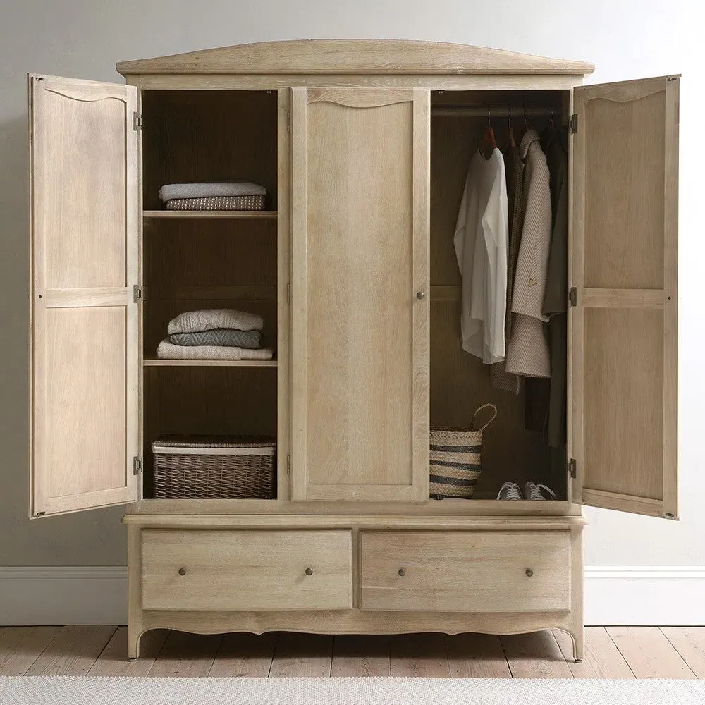 Camille Triple Wardrobe with Drawers - Limewash, Oak