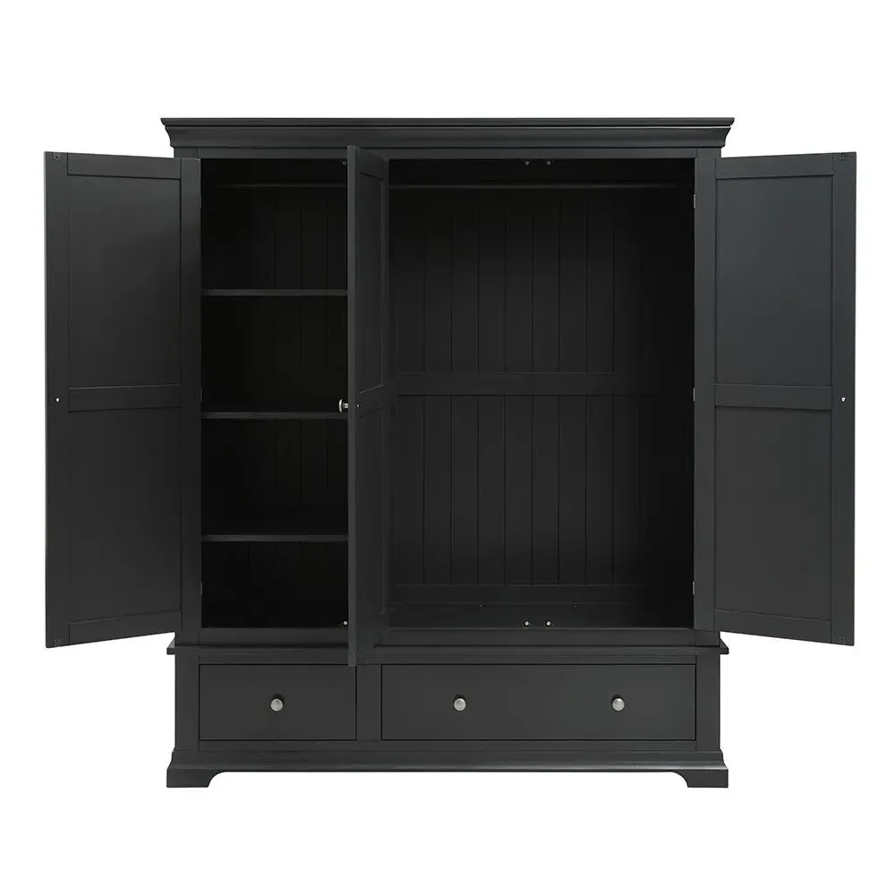 Chantilly Triple Wardrobe with Drawers - Black