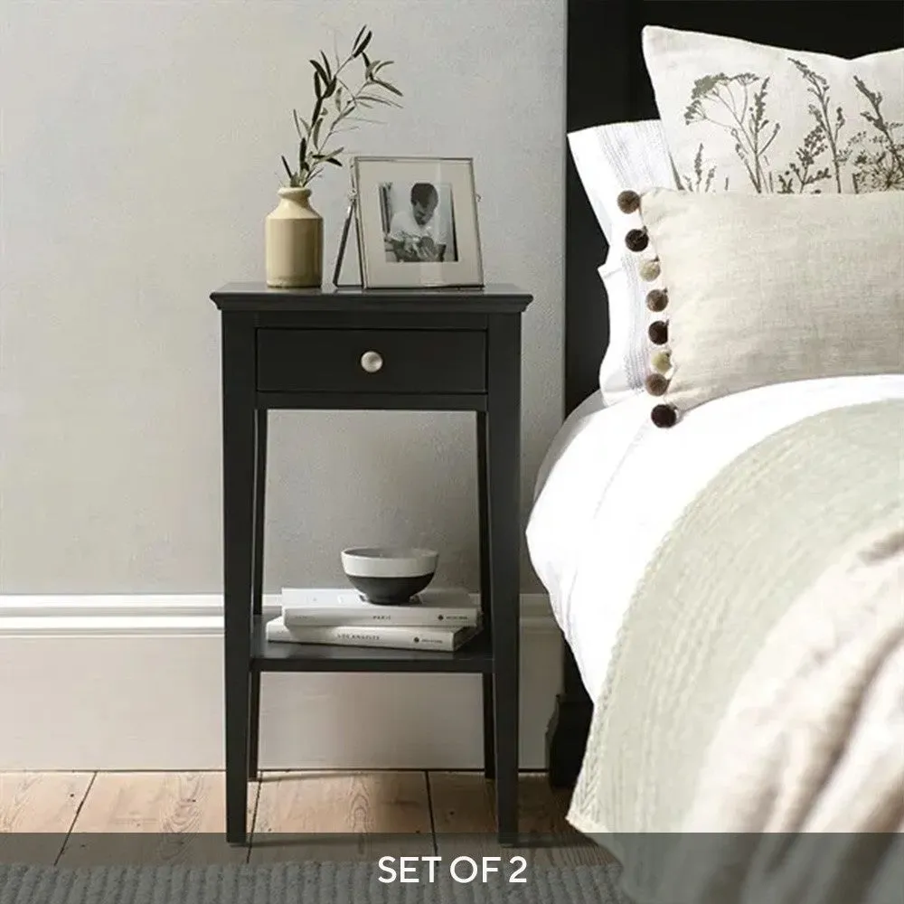 Narrow Bedside Table Set of 2 with Drawer - Black