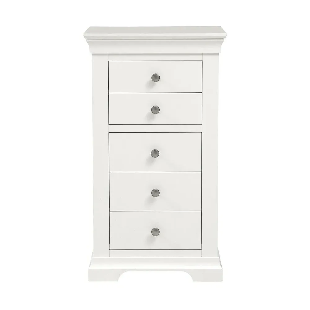 Chantilly Tallboy with 5 Drawers - Warm White