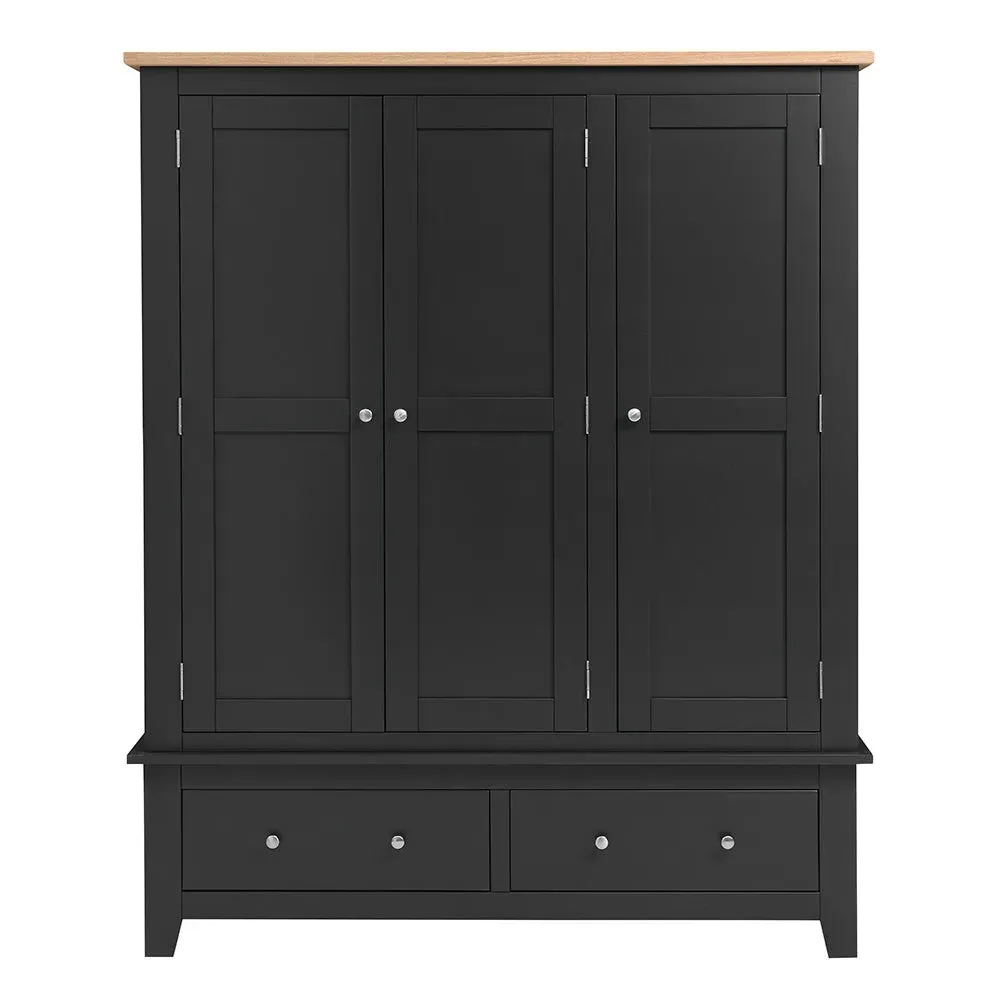 Chester Triple Wardrobe with Drawers - Charcoal, Oak