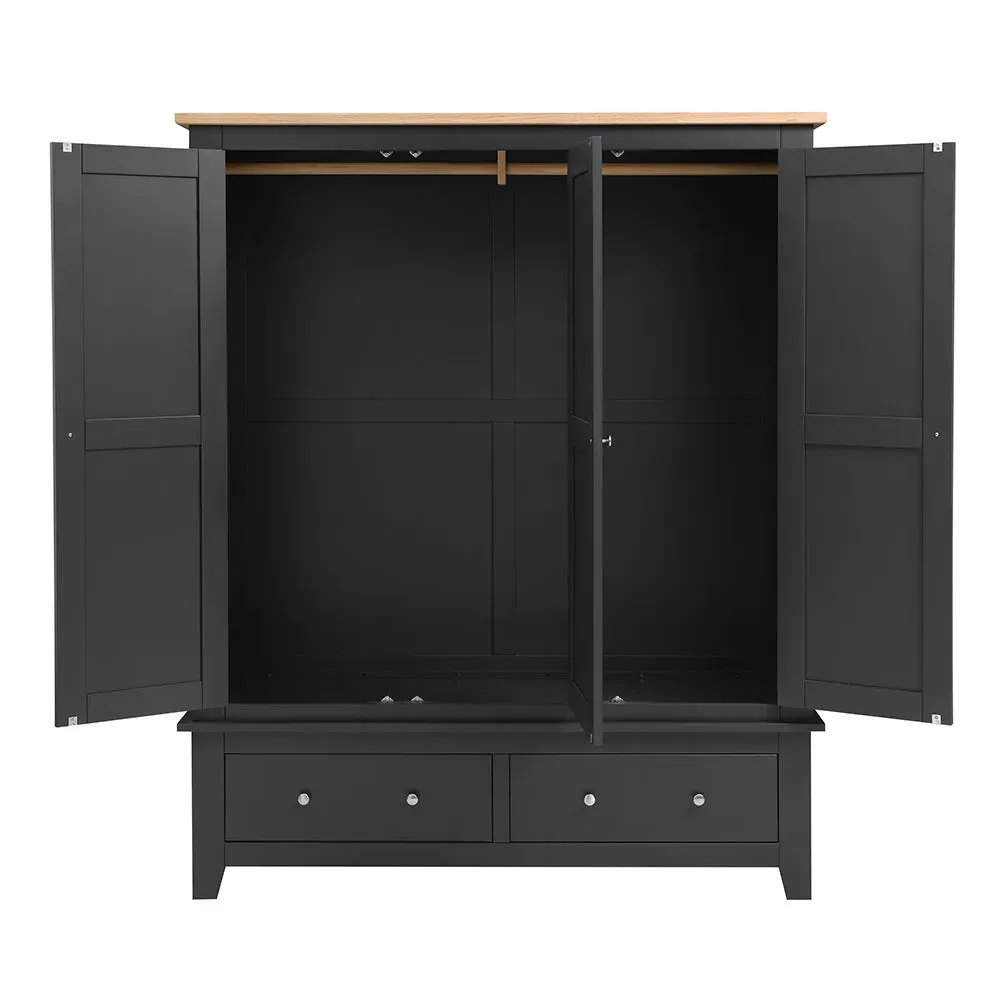 Chester Triple Wardrobe with Drawers - Charcoal, Oak