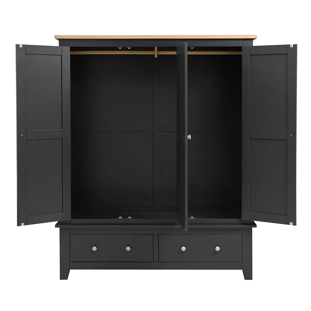 Chester Triple Wardrobe with Drawers - Charcoal, Oak