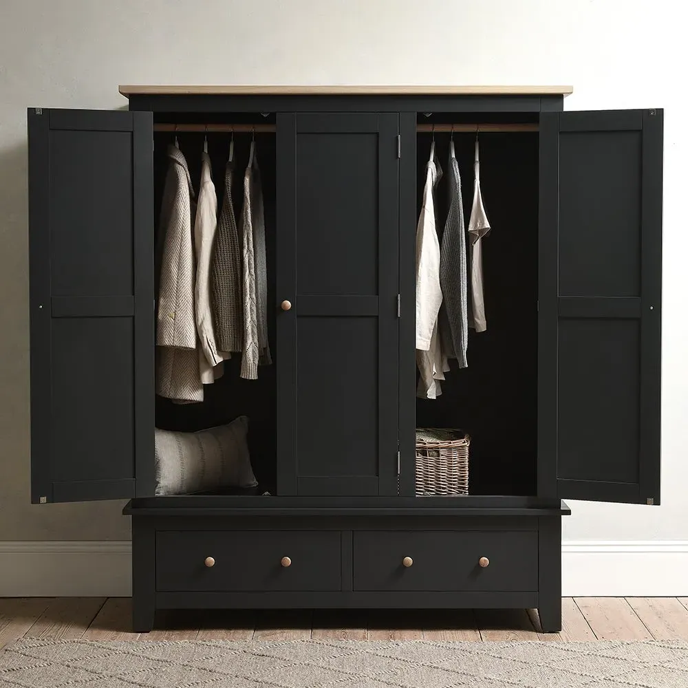 Chester Triple Wardrobe with Drawers - Charcoal, Oak