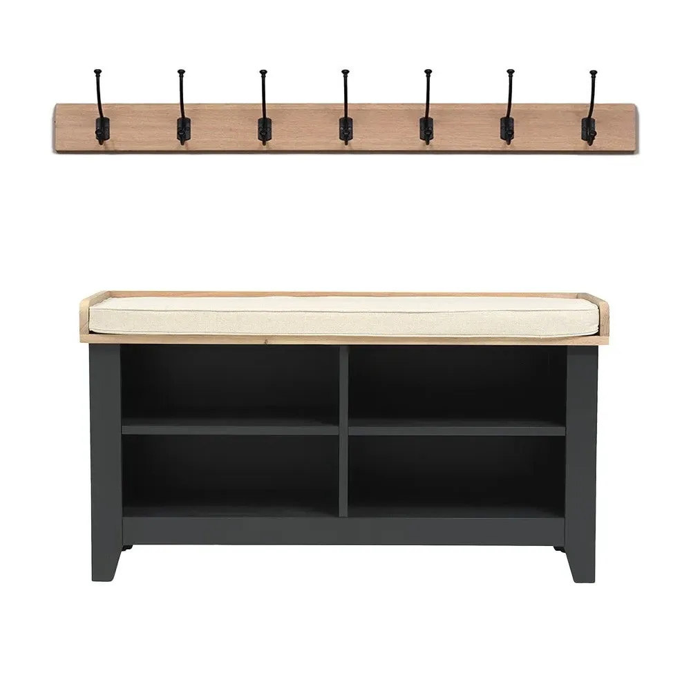 Open Shoe Storage Bench with 7 Hook Rack - Charcoal, Oak