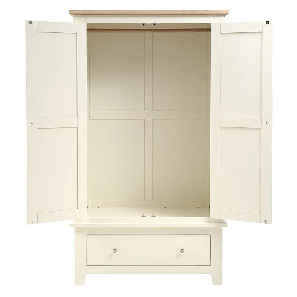 Double Wardrobe with Drawer - Cream, Oak