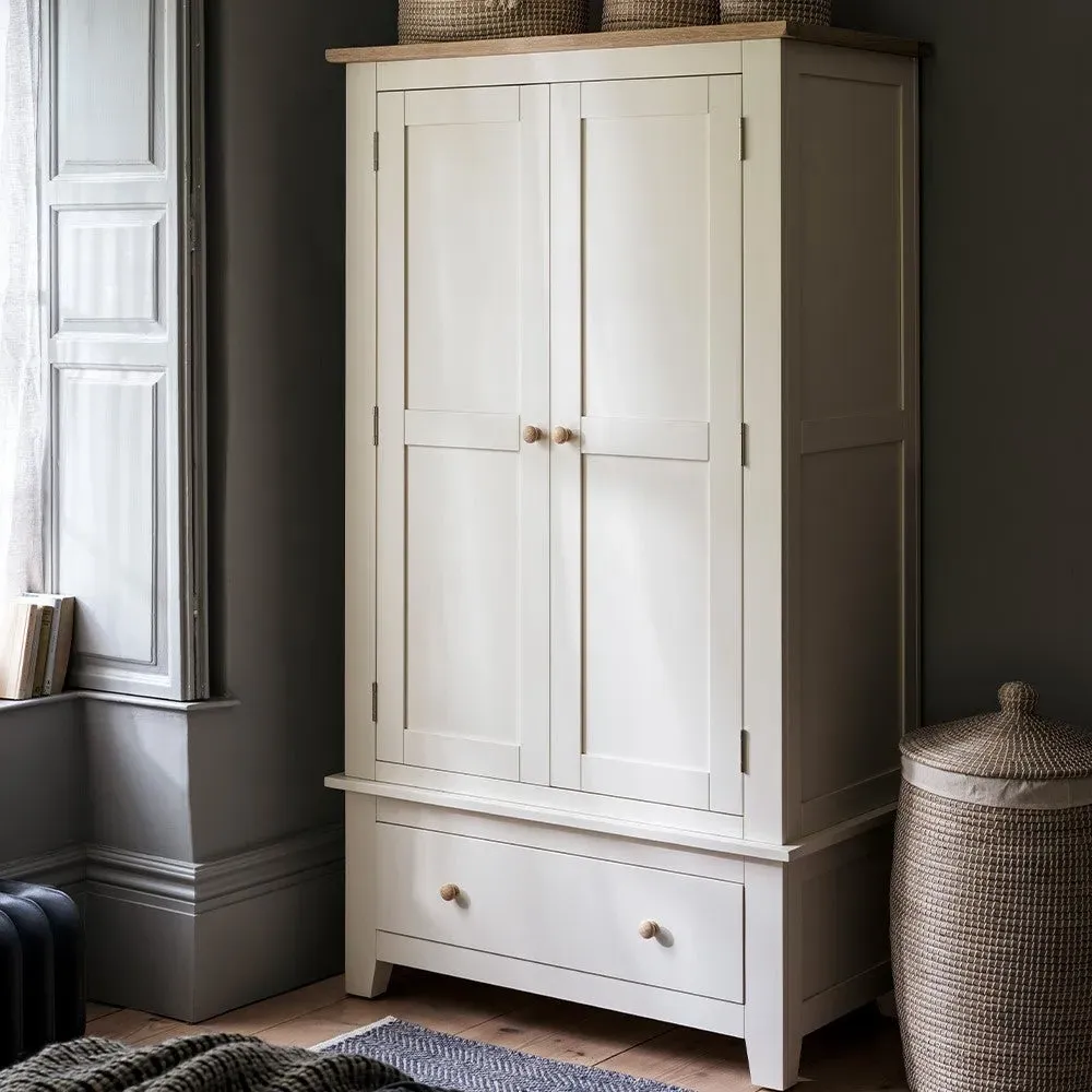 Double Wardrobe with Drawer - Cream, Oak image
