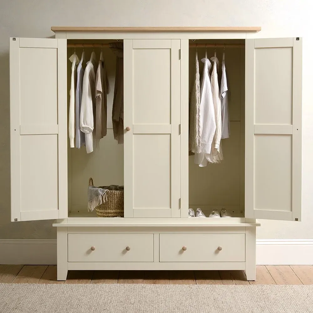 Triple Wardrobe with Drawers - Cream