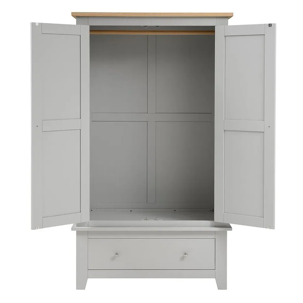 Chester Double Wardrobe with Drawer - Dove Grey, Oak